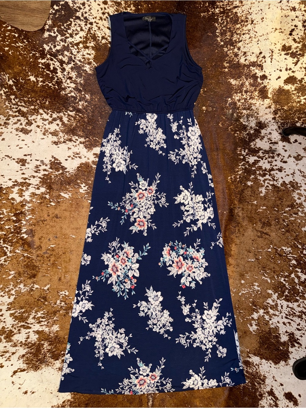 Trixxi Navy Floral Maxi Dress - Sleeveless V-Neck with cross detailing